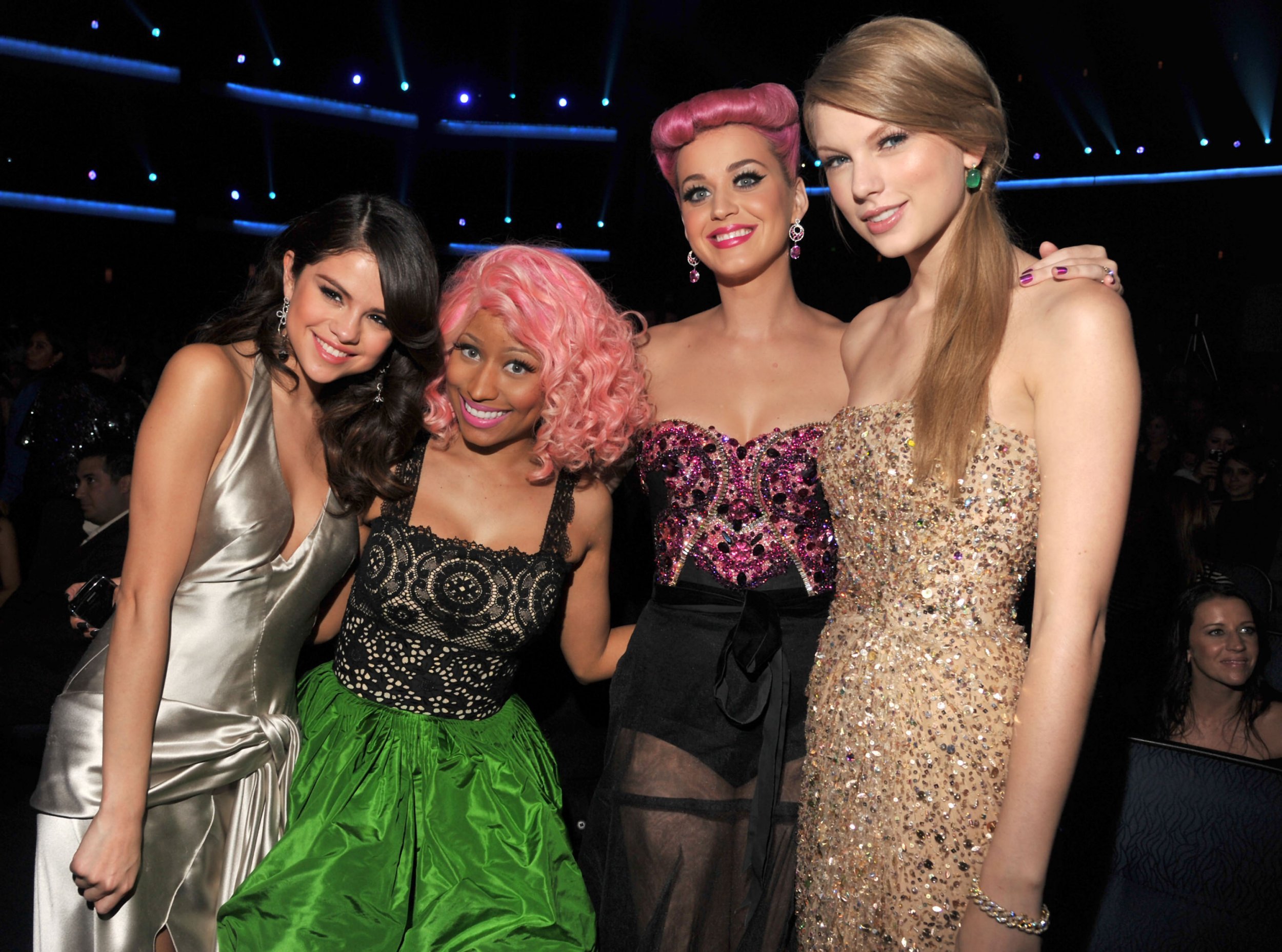 LOS ANGELES, CA - NOVEMBER 20: (L-R) Singers Selena Gomez, Nicki Minaj, Katy Perry and Taylor Swift at the 2011 American Music Awards held at Nokia Theatre L.A. LIVE on November 20, 2011 in Los Angeles, California. (Photo by Lester Cohen/AMA2011/WireImage)